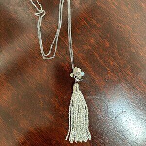 NWOT LOFT long tassel necklace w/ white colored beads, silver tone chain